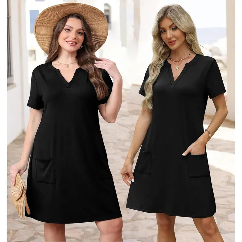 2026 Fashion Edition OFEEFAN Summer Dress – Women's Casual V-Neck Short Sleeve Beach & Vacation Dress