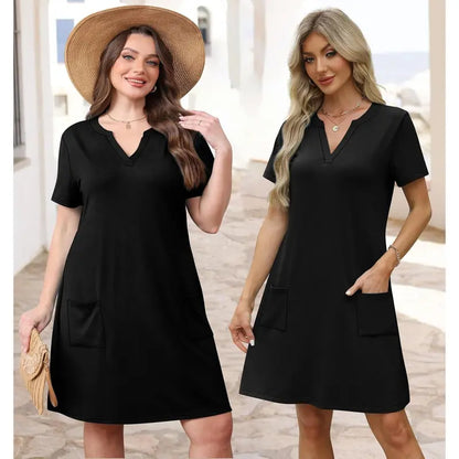 2026 Fashion Edition OFEEFAN Summer Dress – Women's Casual V-Neck Short Sleeve Beach & Vacation Dress