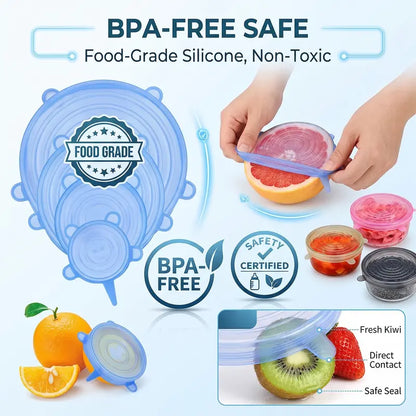 Universal Reusable Silicone Stretch Lids, 6-Pack Airtight Food Covers for Bowls, Cups, Jars & Containers