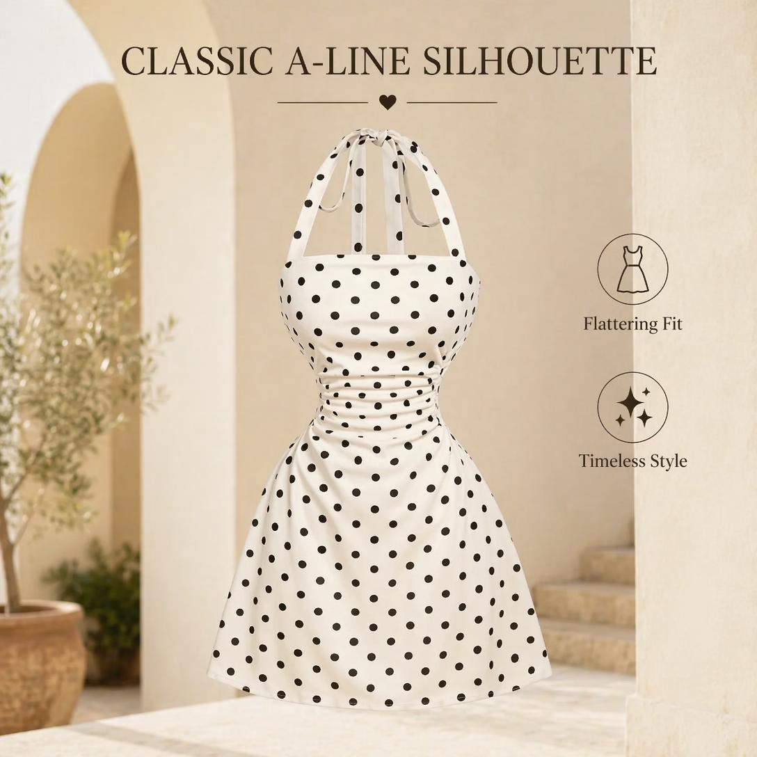 Women's Ruched Tie Back Halter Neck A-Line Mini Dress – Sleeveless Casual Summer Dress
