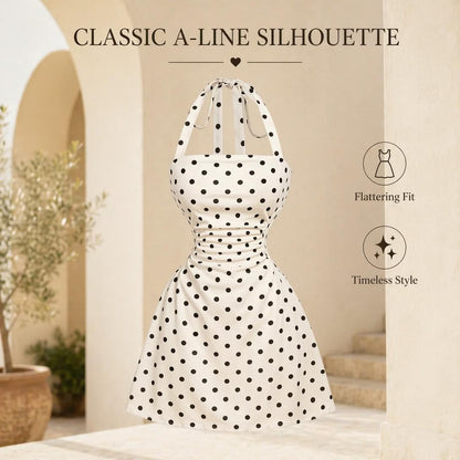 Women's Ruched Tie Back Halter Neck A-Line Mini Dress – Sleeveless Casual Summer Dress