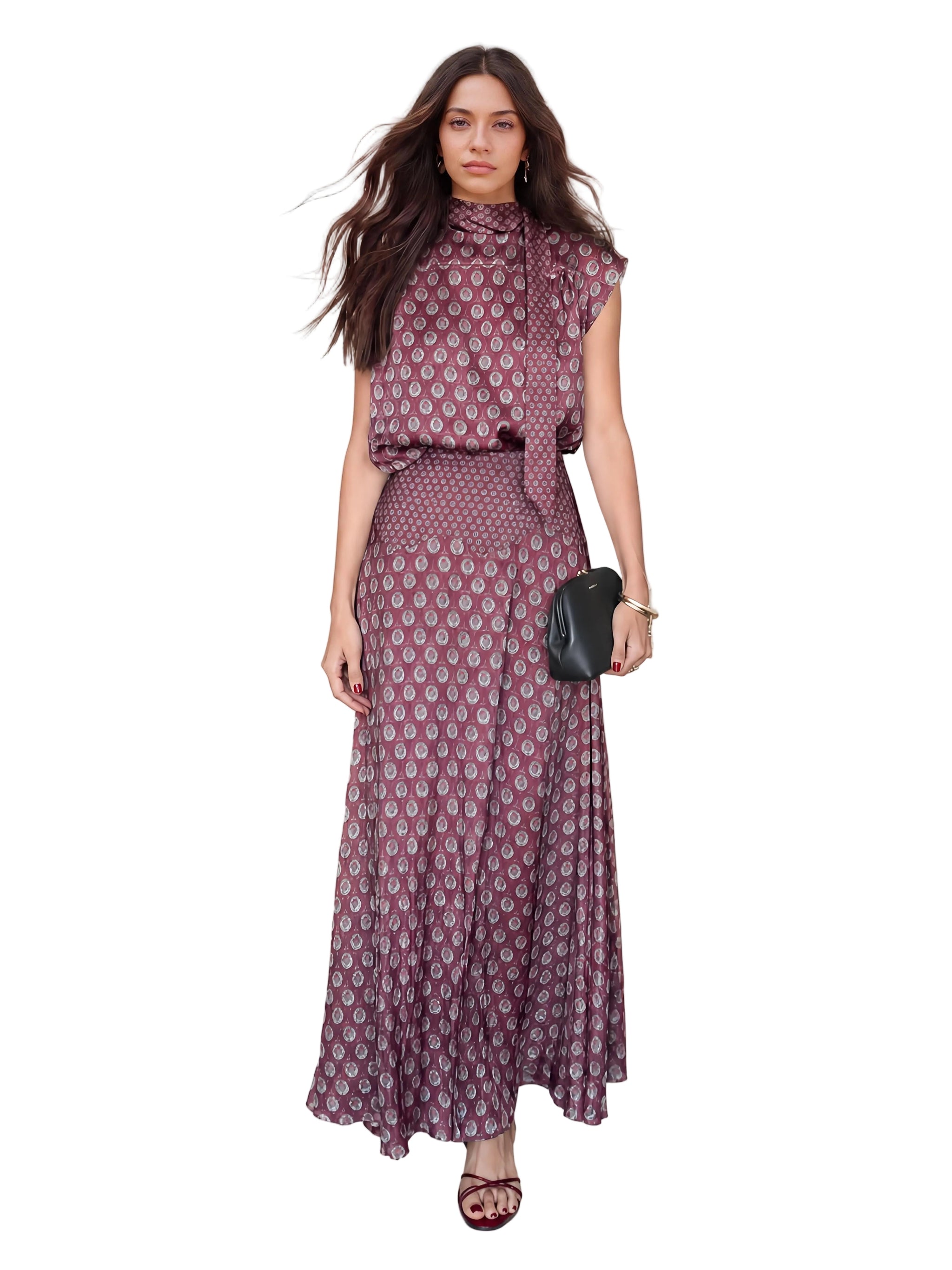 Elegant Retro Print Satin Two-Piece Set – Sleeveless Scarf Neck Halter Top & Flowing Maxi Skirt