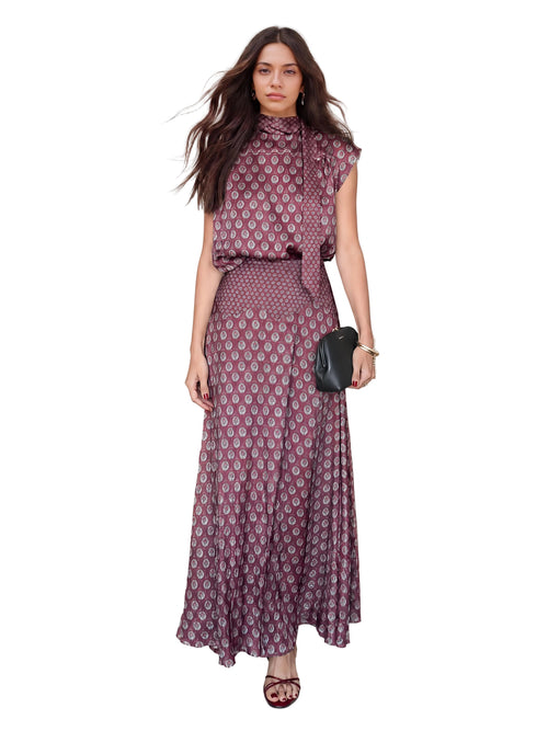 Elegant Retro Print Satin Two-Piece Set – Sleeveless Scarf Neck Halter Top & Flowing Maxi Skirt