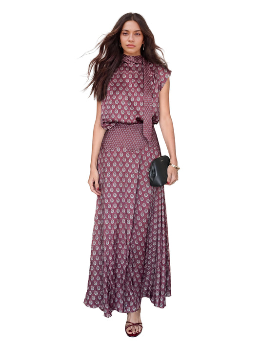 Elegant Retro Print Satin Two-Piece Set – Sleeveless Scarf Neck Halter Top & Flowing Maxi Skirt