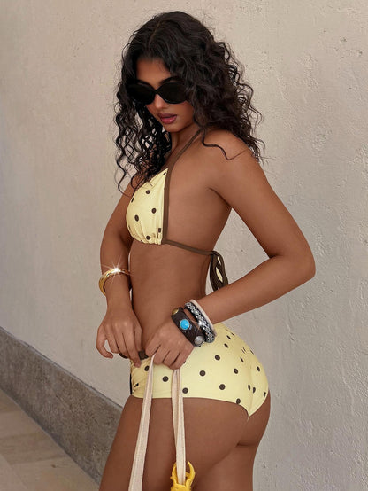 PEPPERMOLLY Women's 2-Piece Retro Yellow Polka Dot Bikini Set – Y2K Color Block Beachwear & Vacation Outfit