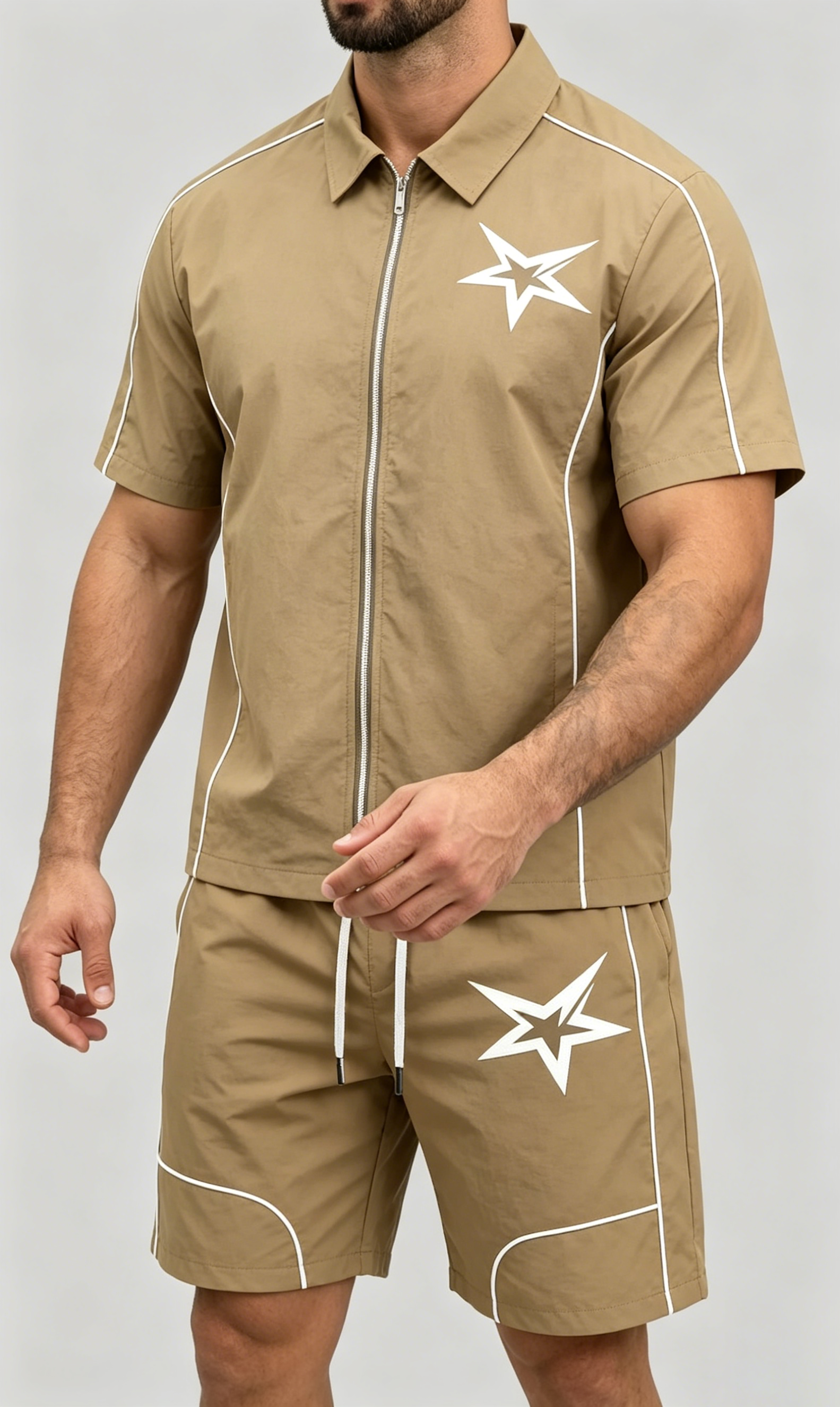 Men's 2 Pieces Outfits Casual Stars Pattern Shirt and Shorts Set Quarter-Zip Athletic