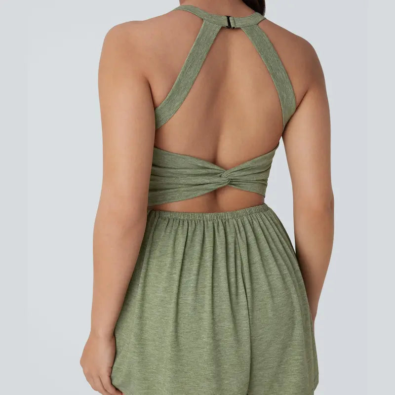 Women's Backless 2-in-1 Pocket Romper with Built-In Shorts