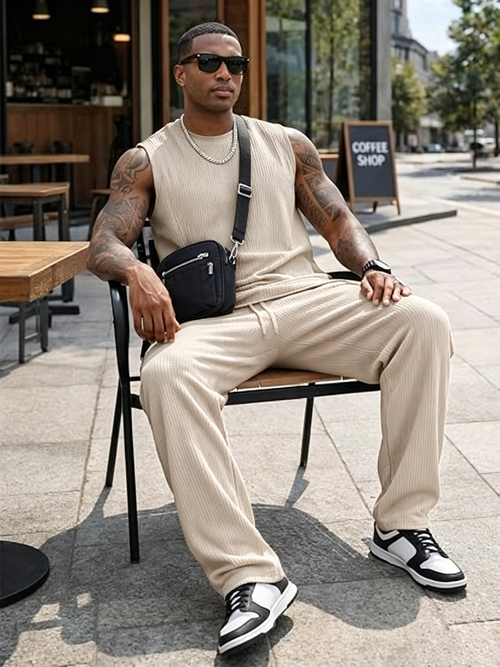 ✨Modern Knit Men's 2-Piece Leisure Suit – Sleeveless Tank Top & Lounge Pants