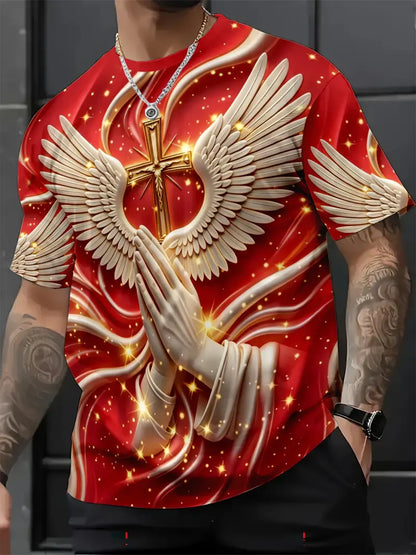 ⛪ Men's Angel Wings & Cross Print T-Shirt