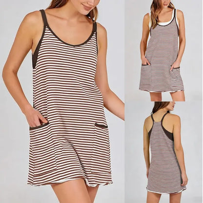 👗 Tanming Women's Summer Athletic Mini Dress – Sleeveless V-Neck Striped Tennis Dress with Built-In Shorts ☀️🎾