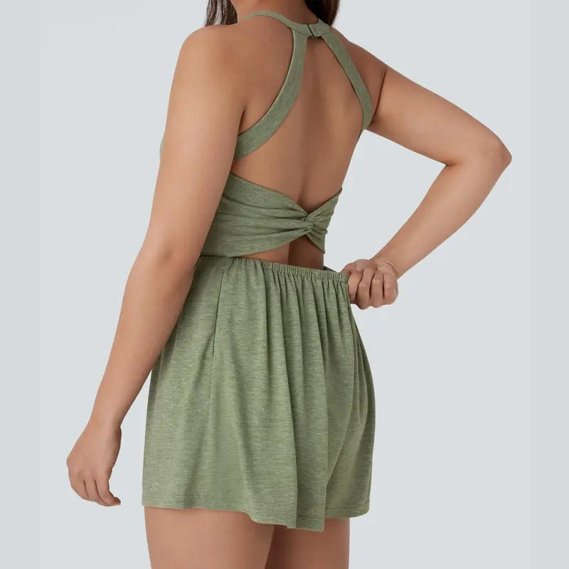 Women's Backless 2-in-1 Pocket Romper with Built-In Shorts