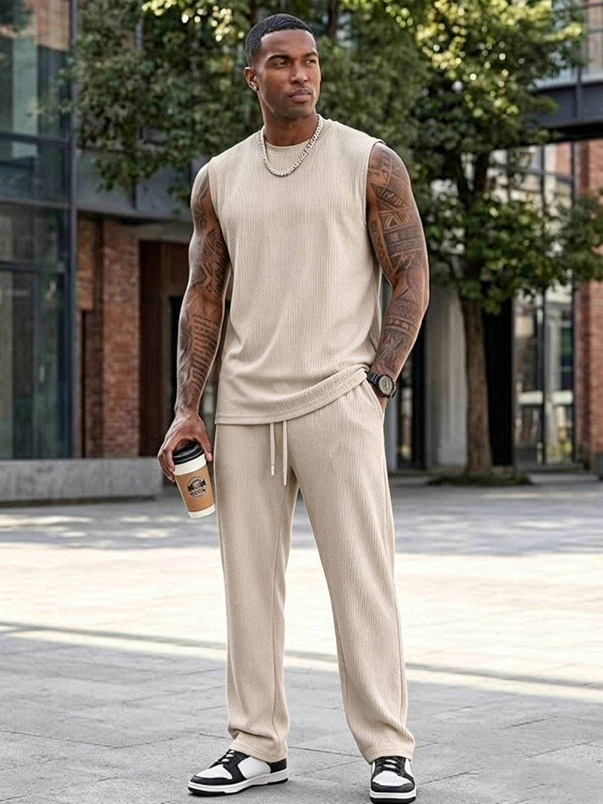 ✨Modern Knit Men's 2-Piece Leisure Suit – Sleeveless Tank Top & Lounge Pants