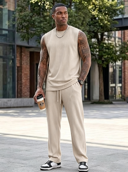 ✨Modern Knit Men's 2-Piece Leisure Suit – Sleeveless Tank Top & Lounge Pants