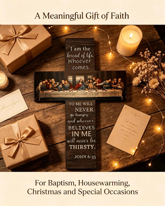 ✝️ The Last Supper Vintage Wooden Cross | John 6:35 Scripture Wall Décor 🪵
