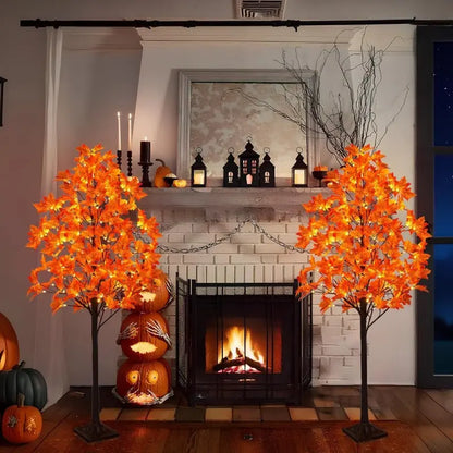 6FT LED Artificial Maple Tree, 160 Warm White Lights Fall Decor Tree with Orange Leaves, Knock-Down Lighted Maple Tree for Thanksgiving Halloween Indoor Outdoor Autumn Home Decor