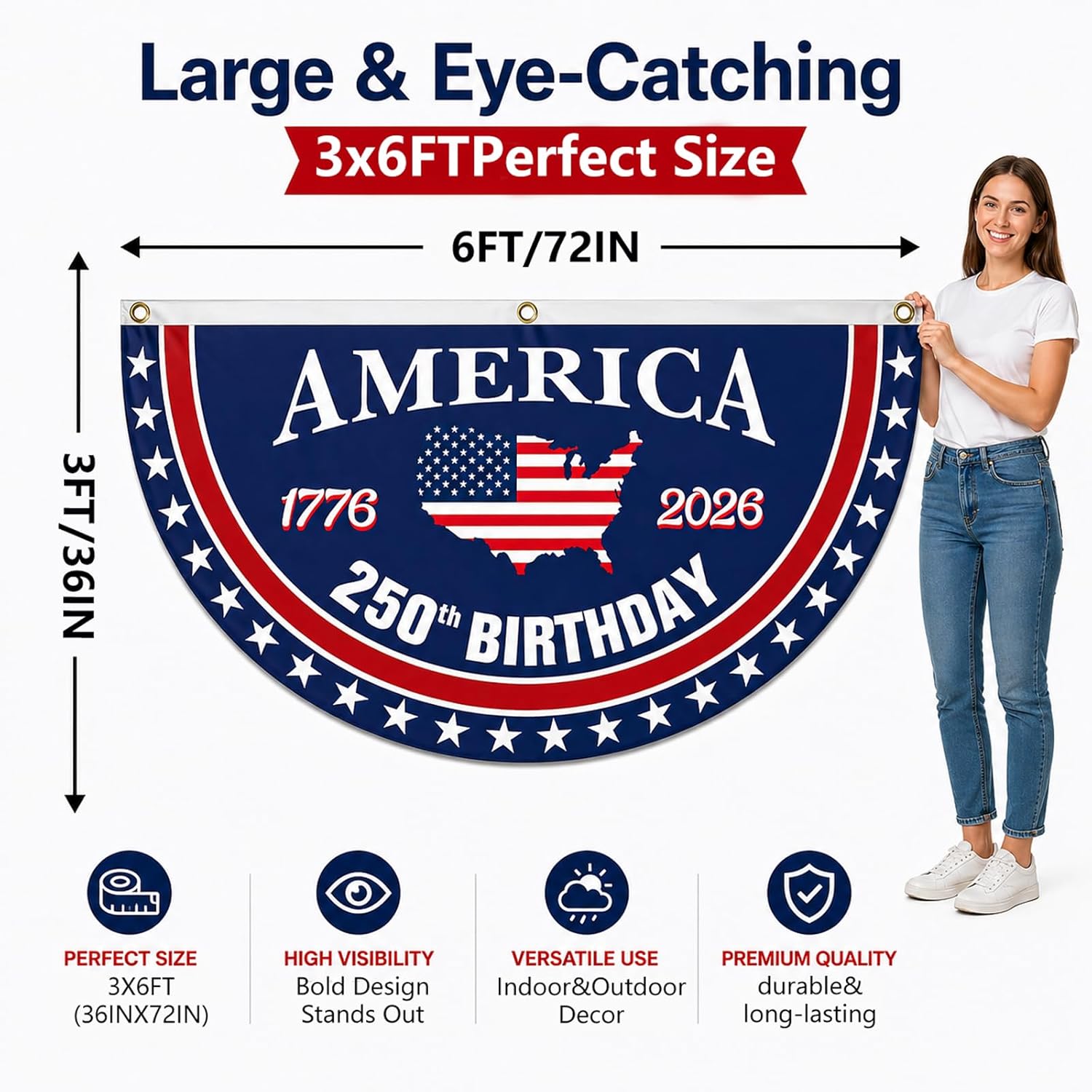 250 Year Anniversary Patriotic Fan Bunting Banner – 1776–2026 USA Celebration Flag Decoration (3×6 FT, 2 Pack)