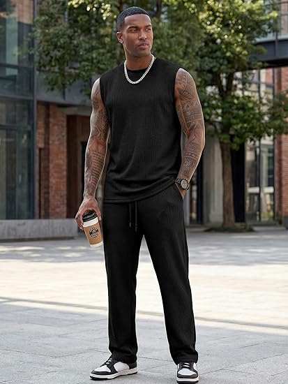 ✨Modern Knit Men's 2-Piece Leisure Suit – Sleeveless Tank Top & Lounge Pants