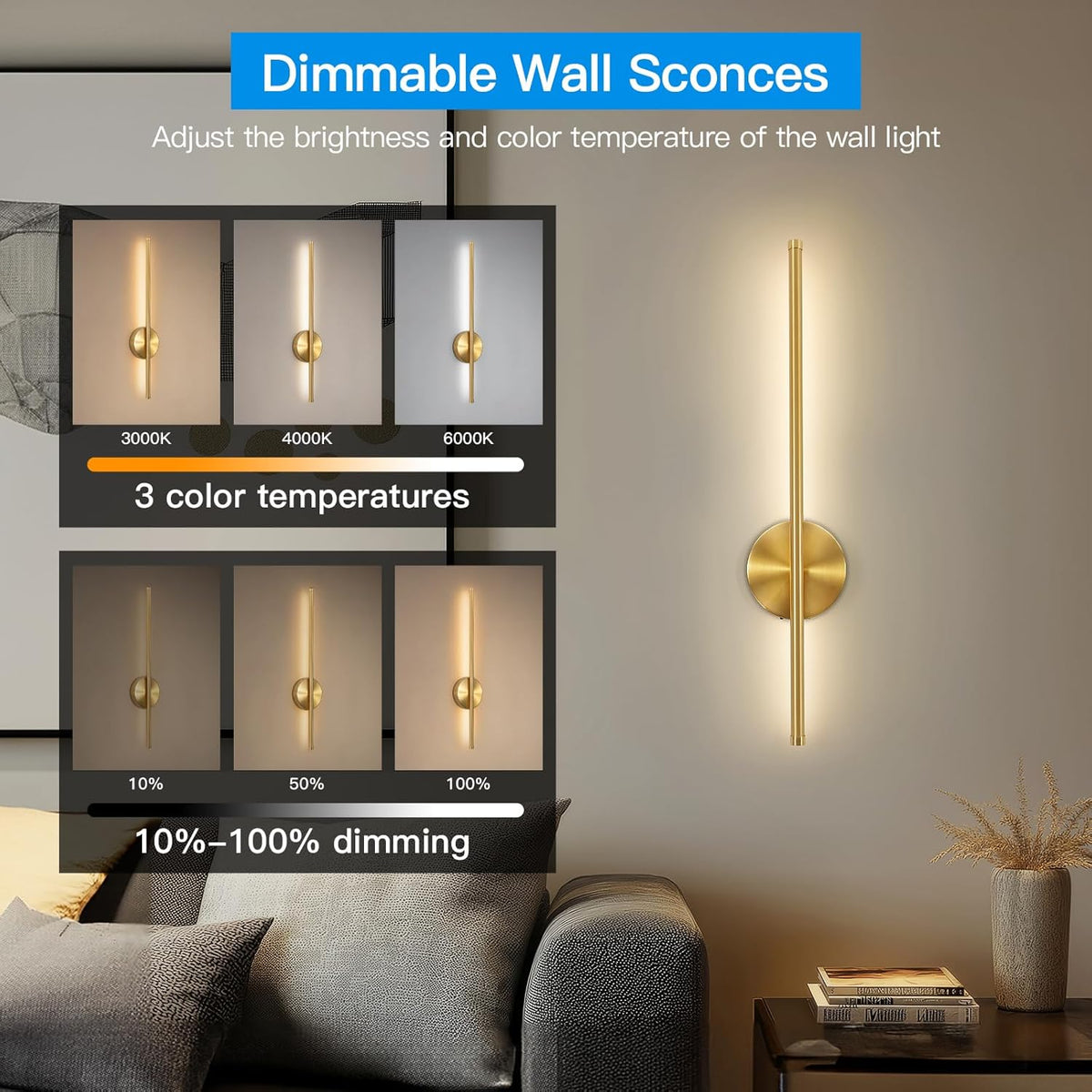 24" Rechargeable Battery Operated Wall Sconce – Modern Gold Wall Light with Remote Control & 360° Rotation