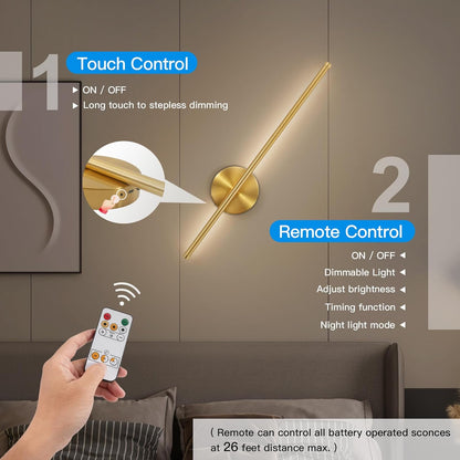 24" Rechargeable Battery Operated Wall Sconce – Modern Gold Wall Light with Remote Control & 360° Rotation