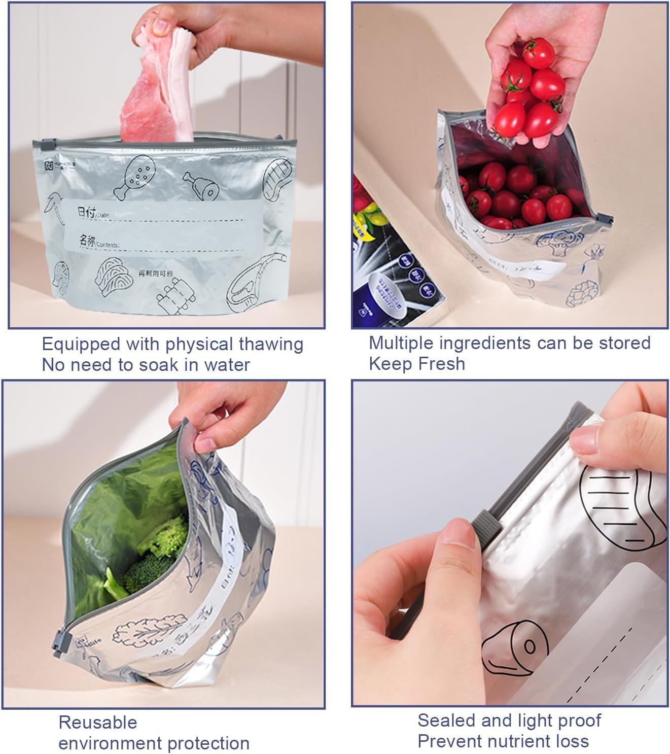 10PCS Reusable Aluminum Foil Food Storage Bags – Stand-Up Zip Lock Fresh-Keeping Bags