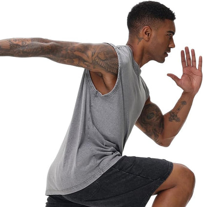 💪 Heavyweight Vintage Washed Gym Tank for Men | 100% Cotton Athletic Fit Muscle Undershirt