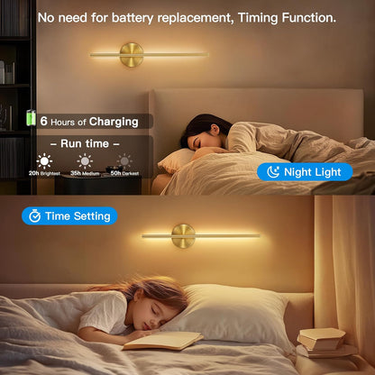 24" Rechargeable Battery Operated Wall Sconce – Modern Gold Wall Light with Remote Control & 360° Rotation