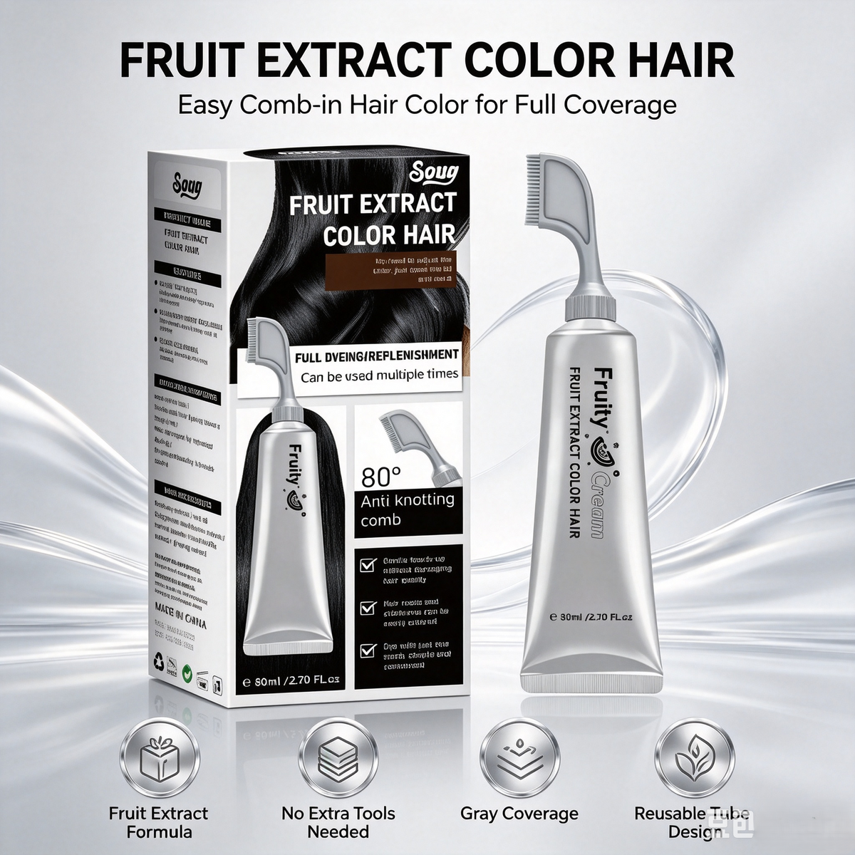 Fruit Extract Hair Dye Comb / Hair Dye Cream — Portable Home Use, Gentle Plant-Based Hair Dye for Full Hair Coloring, Reusable No Mix Hair Color