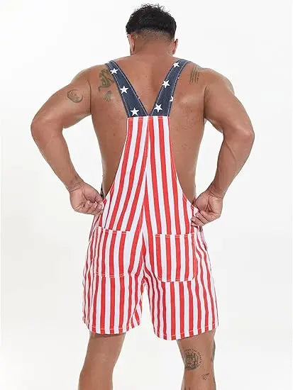 4th of July American Flag Overalls – Patriotic Stretch Denim Romper for Men & Women