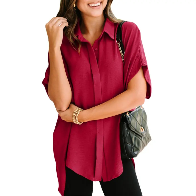 Women's Oversized V-Neck Button-Down Batwing Blouse