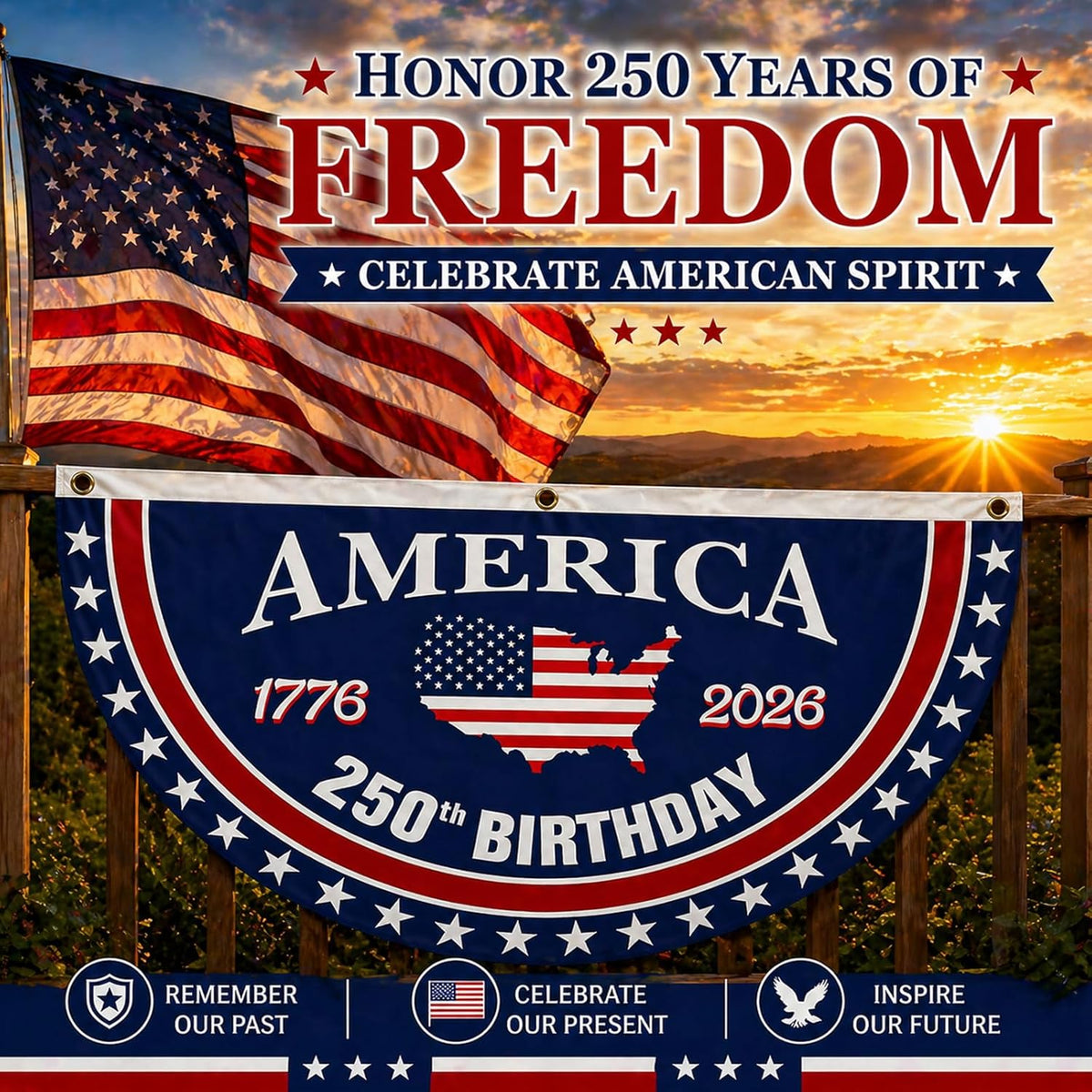 250 Year Anniversary Patriotic Fan Bunting Banner – 1776–2026 USA Celebration Flag Decoration (3×6 FT, 2 Pack)