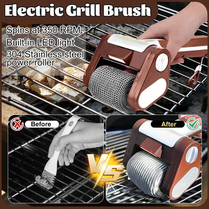 【Father's Day Gift】Electric Grill Brush with LED Light – Bristle-Free BBQ Cleaner with 304 Stainless Steel Power Roller