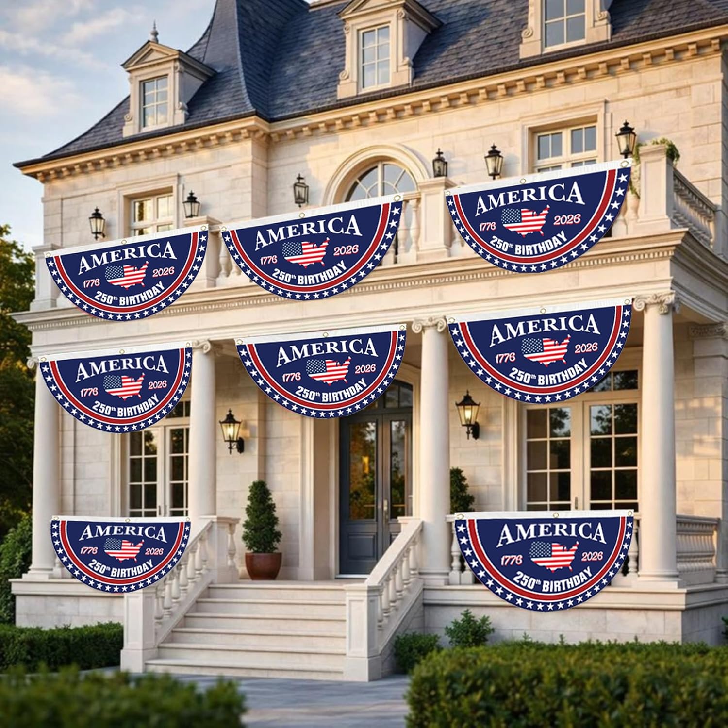 250 Year Anniversary Patriotic Fan Bunting Banner – 1776–2026 USA Celebration Flag Decoration (3×6 FT, 2 Pack)