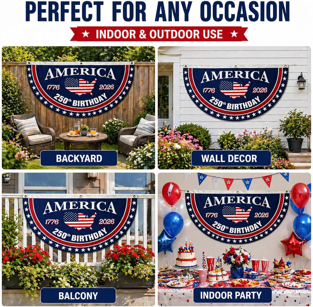 250 Year Anniversary Patriotic Fan Bunting Banner – 1776–2026 USA Celebration Flag Decoration (3×6 FT, 2 Pack)