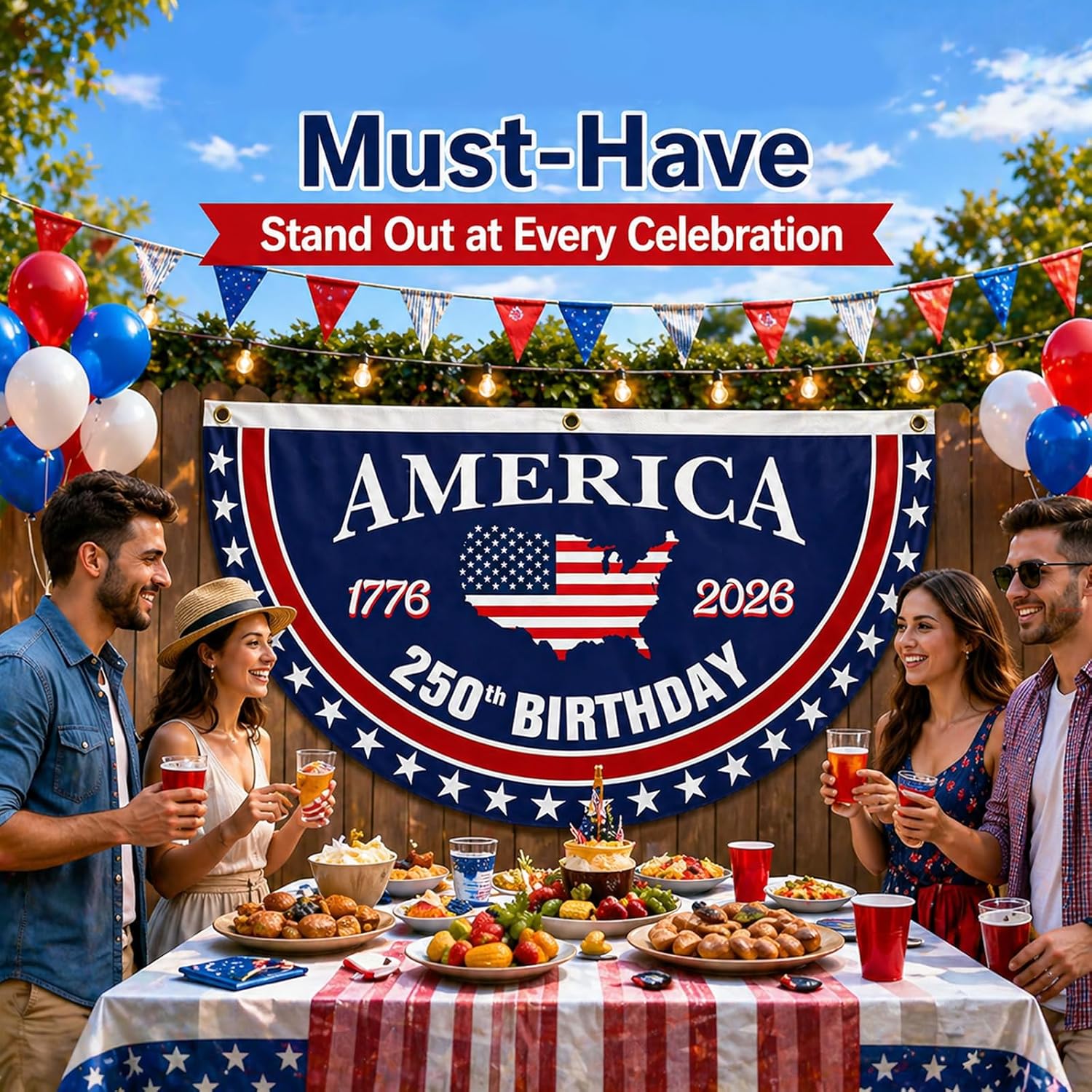 250 Year Anniversary Patriotic Fan Bunting Banner – 1776–2026 USA Celebration Flag Decoration (3×6 FT, 2 Pack)