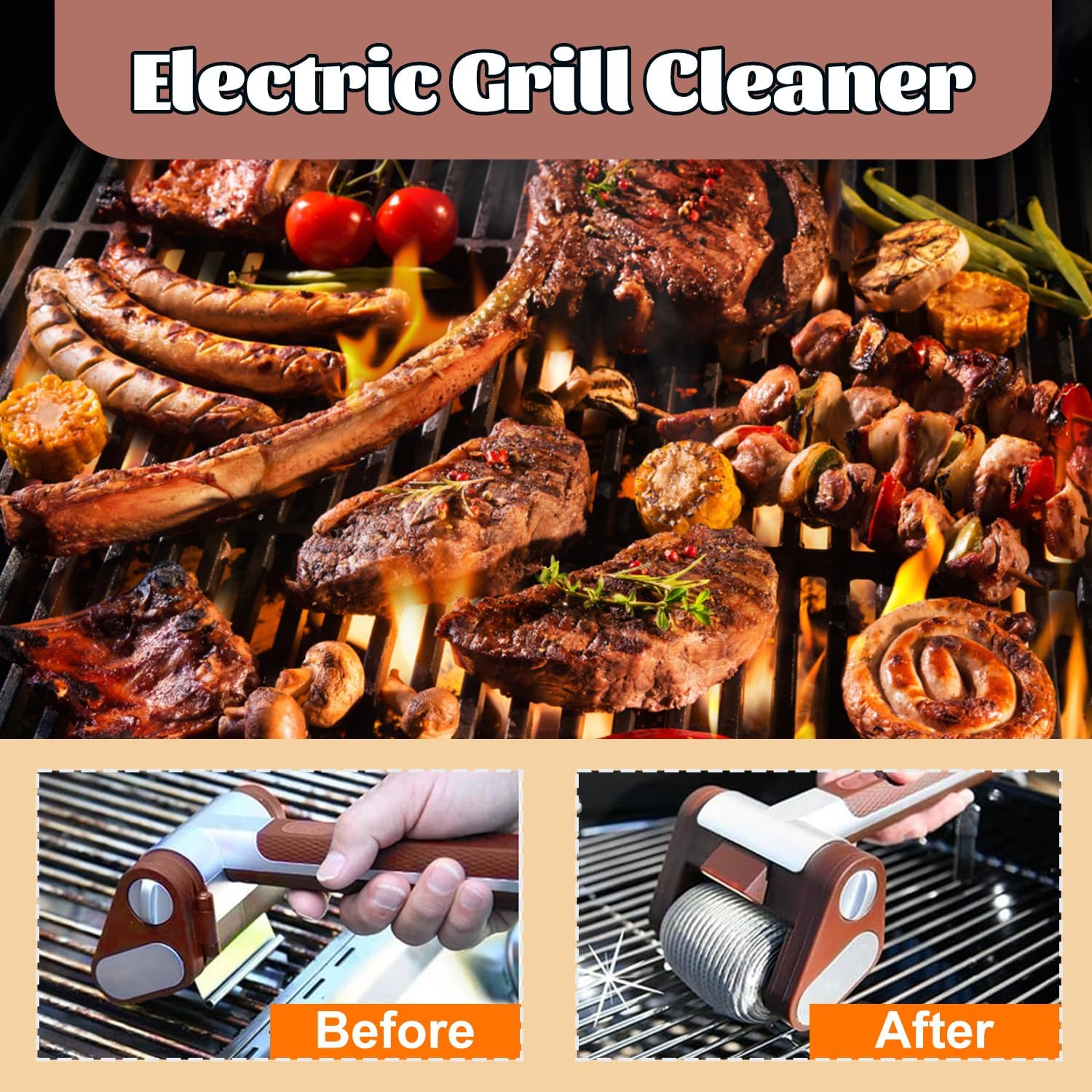 【Father's Day Gift】Electric Grill Brush with LED Light – Bristle-Free BBQ Cleaner with 304 Stainless Steel Power Roller