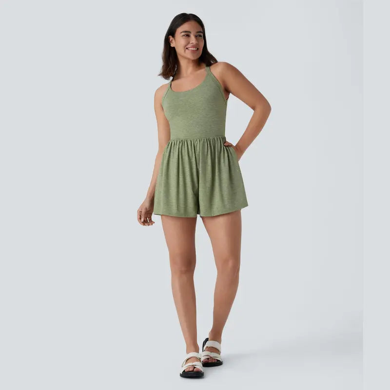 Women's Backless 2-in-1 Pocket Romper with Built-In Shorts