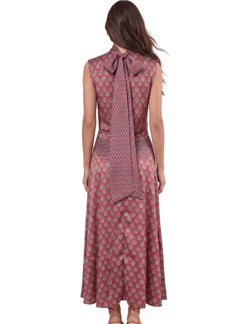Elegant Retro Print Satin Two-Piece Set – Sleeveless Scarf Neck Halter Top & Flowing Maxi Skirt