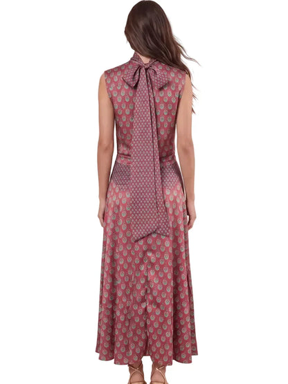 Elegant Retro Print Satin Two-Piece Set – Sleeveless Scarf Neck Halter Top & Flowing Maxi Skirt