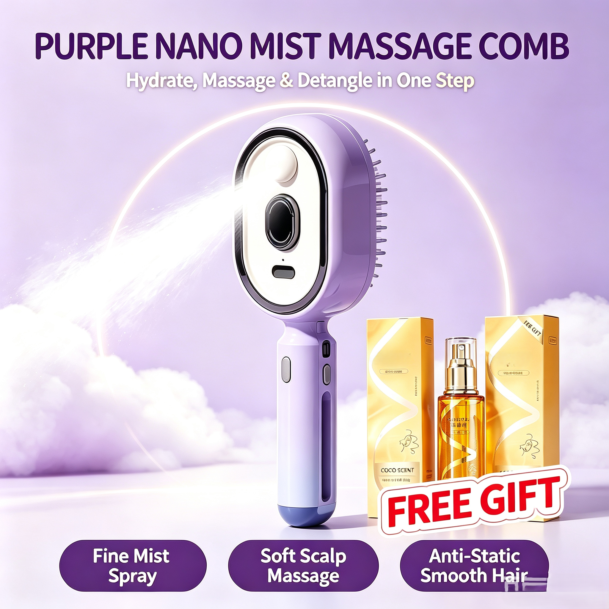 🔥Limited Time 50% OFF-Electric Nano Mist Spray Hair Brush, 3 in 1 Air Cushion Scalp Massager Comb With Essential Oil Atomization