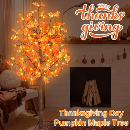 6FT LED Artificial Maple Tree, 160 Warm White Lights Fall Decor Tree with Orange Leaves, Knock-Down Lighted Maple Tree for Thanksgiving Halloween Indoor Outdoor Autumn Home Decor