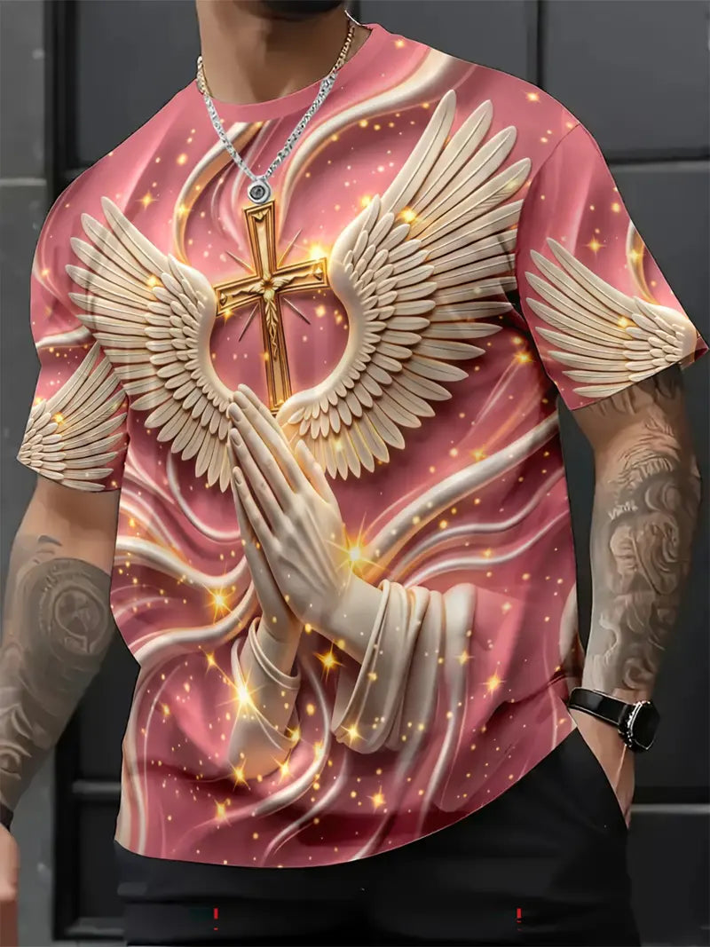 ⛪ Men's Angel Wings & Cross Print T-Shirt