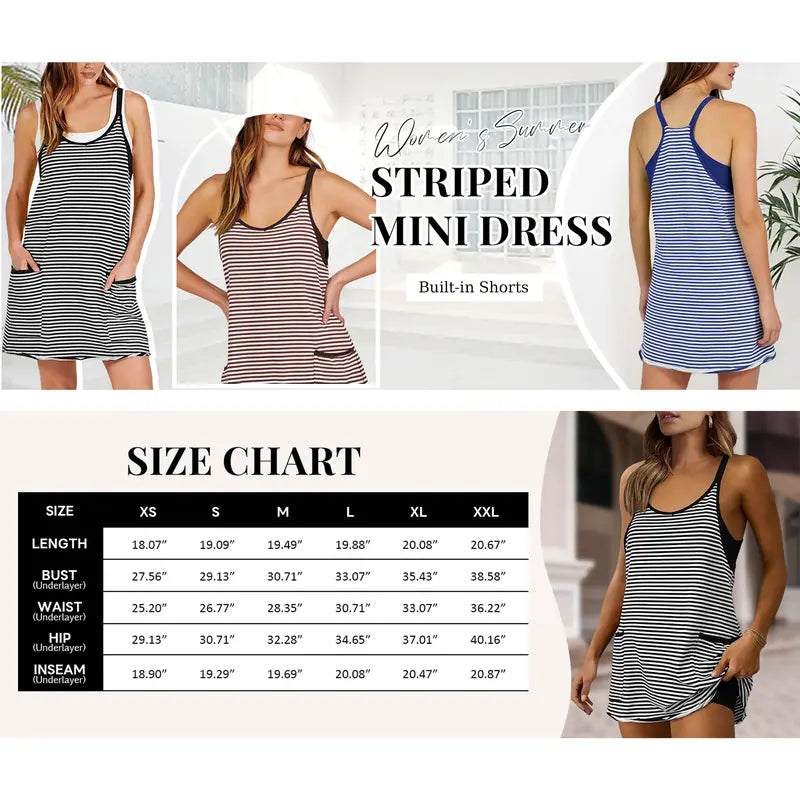 👗 Tanming Women's Summer Athletic Mini Dress – Sleeveless V-Neck Striped Tennis Dress with Built-In Shorts ☀️🎾