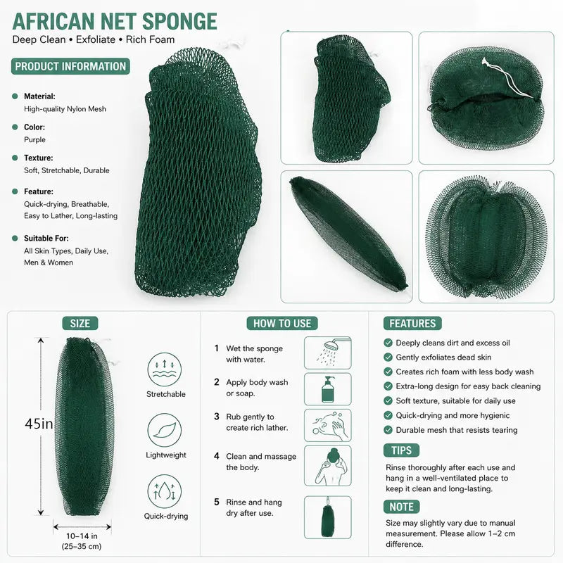 Summervibes African Exfoliating Net Bath Sponge for Deep Cleansing & Body Exfoliation