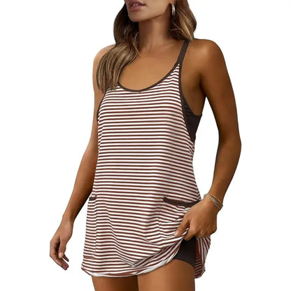 👗 Tanming Women's Summer Athletic Mini Dress – Sleeveless V-Neck Striped Tennis Dress with Built-In Shorts ☀️🎾