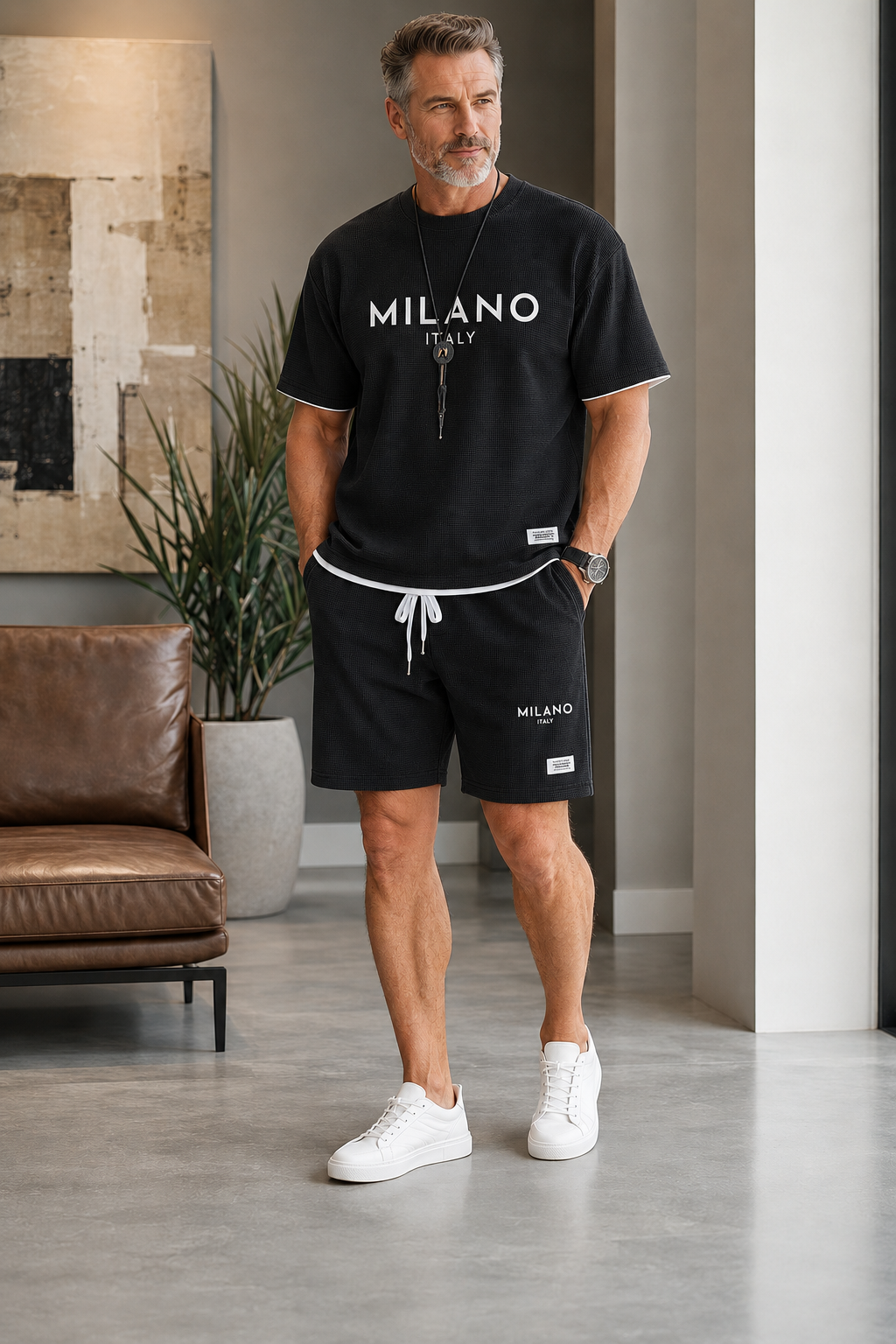Men's Letter Print Tee & Drawstring Shorts Set