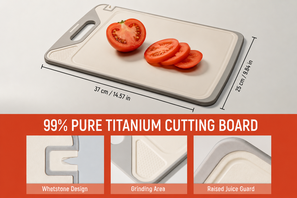 ✨2-in-1 Dual Sided Titanium Cutting Board, Stainless Steel & PP Kitchen Chopping Board