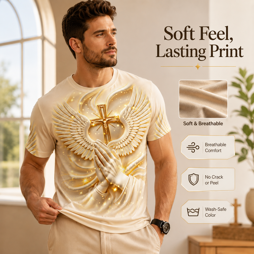 Men's 3D Religious Cross & Angel Wings T-Shirt