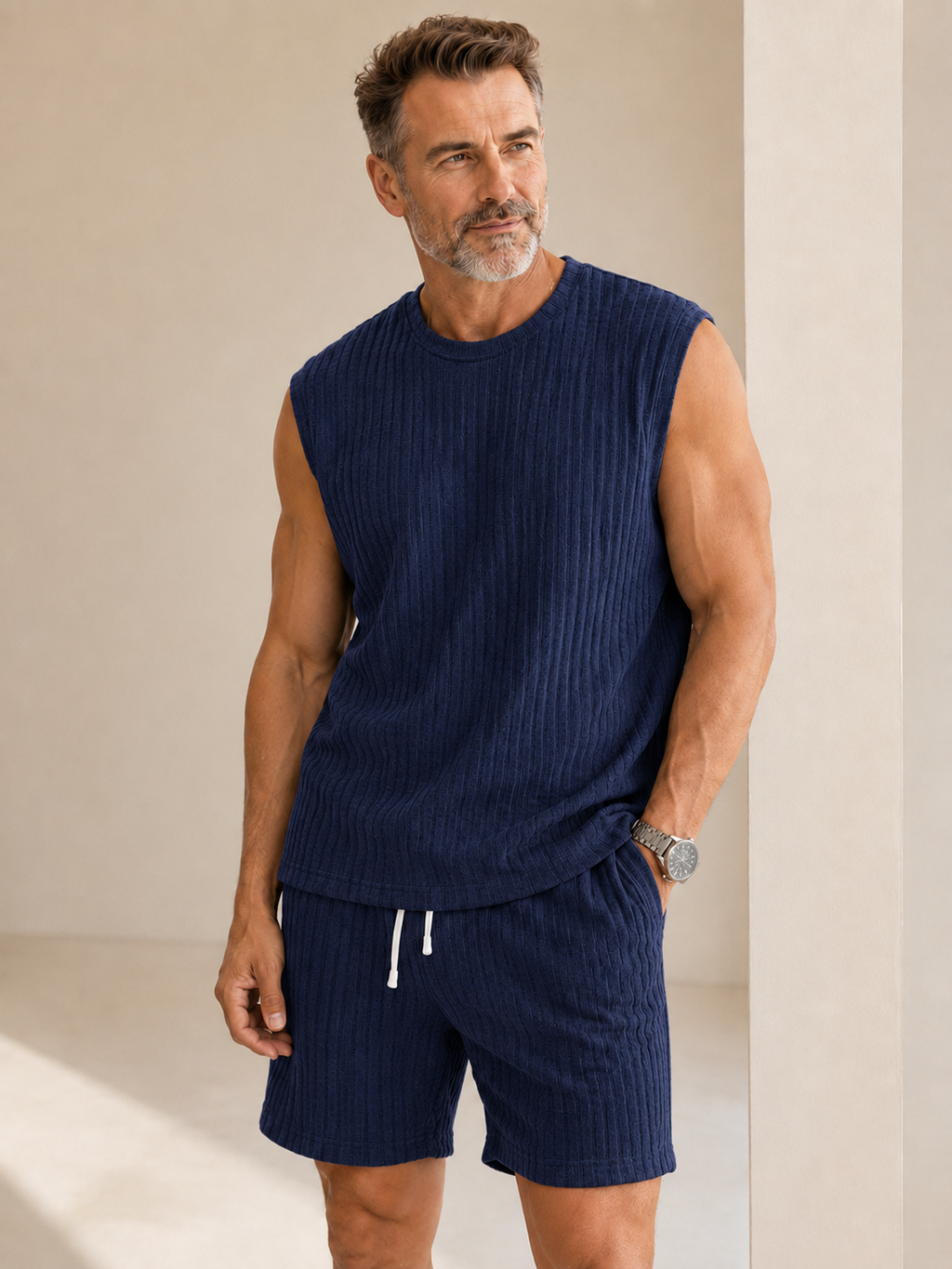 🌊 Men's Waffle Knit Tank Top & Shorts Set