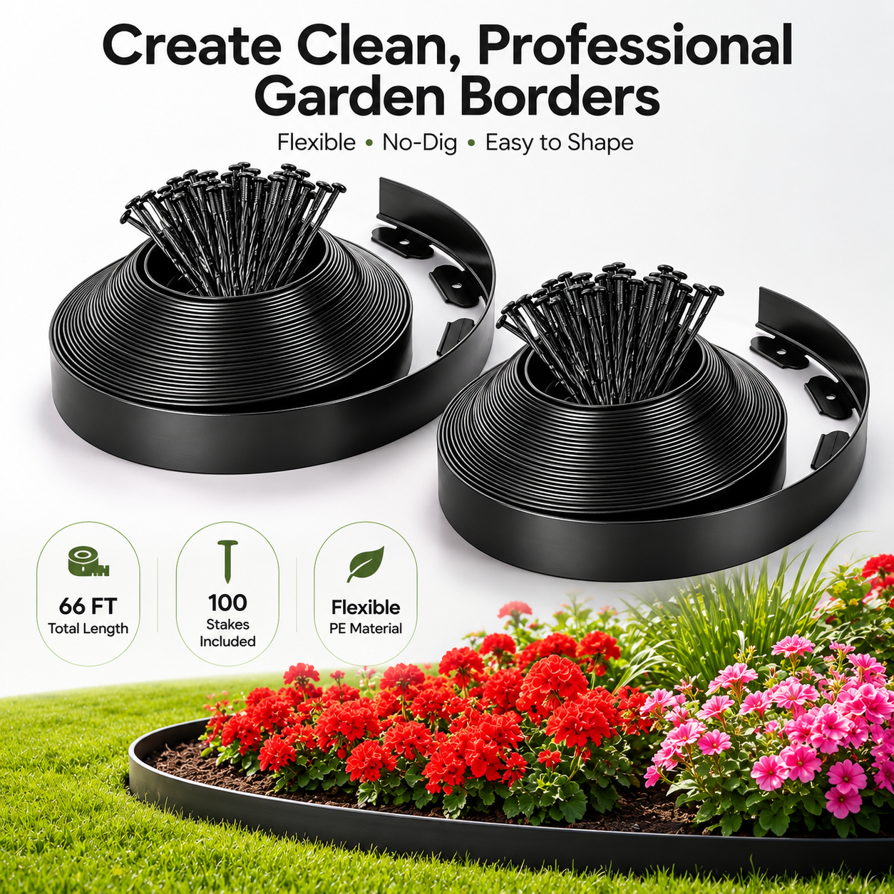 A Must-Have Landscape Edging for Your Garden—2 inches high, 66 feet long, with 100 stakes, no-dig kit