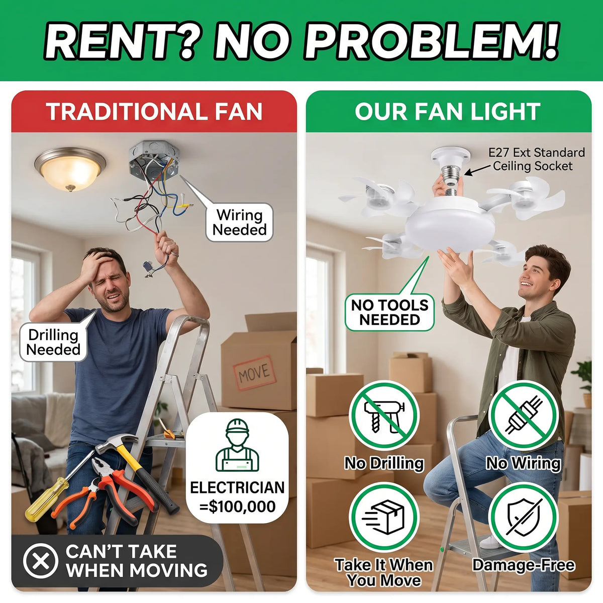 DealsForYouDays 2-in-1 Drone Fan Light, Silent LED Ceiling Fan with Remote, Energy Saving Lamp for Bedroom Kitchen Rental